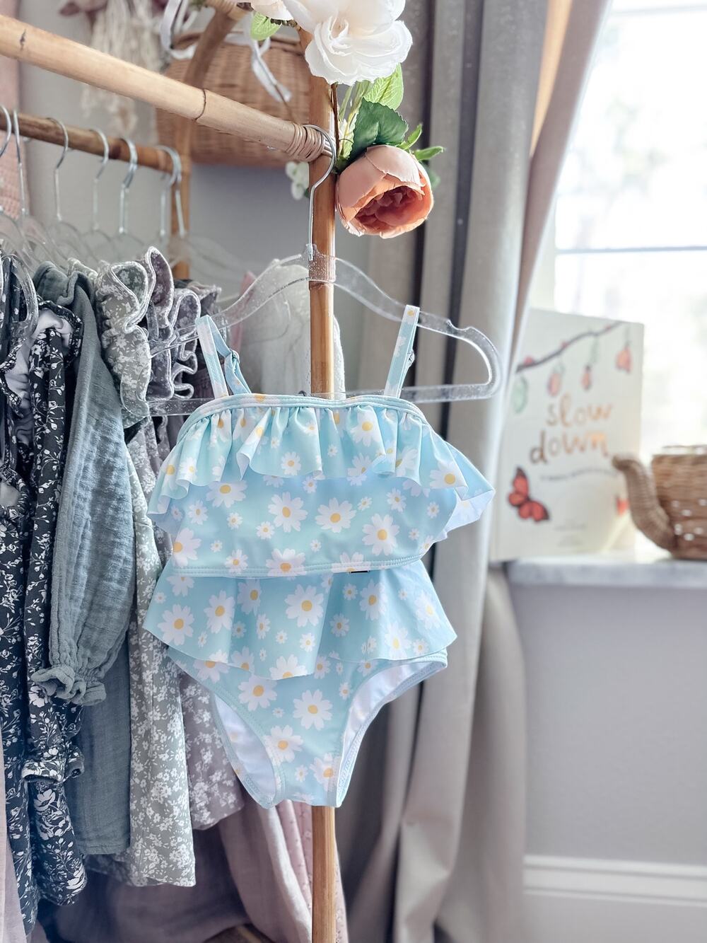 Dreaming Of Daisies Fluttery 2pc Peplum Pastel Swimsuit 3/4